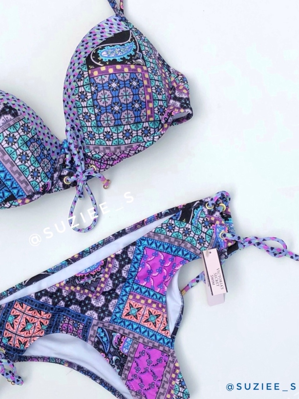 Victoria’s Secret Blue Patchwork Mosaic Print Lace up Bikini Set 34C / S NWT